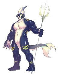 Rule 34 | 1boy, bara, cloaca, completely nude, fins, fish boy, fish tail, full body, gills, guppo13, highres, holding, holding polearm, holding spear, holding weapon, large pectorals, looking at viewer, male focus, monster boy, muscular, muscular male, navel, no nipples, nude, original, pectorals, polearm, shark boy, shark fin, shark tail, sharp teeth, solo, spear, standing, stomach, tail, teeth, thighs, trident, weapon