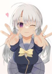 Rule 34 | 1girl, ahoge, ayachi nene, black jacket, blush, bow, breasts, closed mouth, commentary request, eyebrows hidden by hair, eyelashes, fingernails, foreshortening, from above, grey hair, grey sailor collar, grey shirt, hair between eyes, hana syoub, happy, heart, incoming hug, jacket, large breasts, long hair, long sleeves, looking at viewer, miniskirt, one eye closed, open hands, pleated skirt, purple eyes, reaching, reaching towards viewer, sailor collar, sanoba witch, school uniform, shirt, sidelocks, simple background, skirt, smile, solo, straight hair, upper body, very long hair, white background, yellow bow