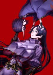 Rule 34 | 2girls, black gloves, bob cut, bodysuit, breasts, elbow gloves, eyeliner, fangs, fate/grand order, fate (series), gloves, headpiece, horns, japanese clothes, kimono, large breasts, long hair, long sleeves, looking at another, makeup, minamoto no raikou (fate), multiple girls, oni, open mouth, parted bangs, parted lips, purple bodysuit, purple eyes, purple hair, purple kimono, red background, ribbed sleeves, rope, short eyebrows, short hair, shuten douji (fate), simple background, skin-covered horns, small breasts, smile, tabard, tassel, titiduki (manman-ya), upside-down, very long hair, wide sleeves