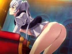 Rule 34 | 1girl, anus, bent over, blush, bottomless, breasts, capelet, censored, cowboy shot, demonion ii: maou to sannin no joou, diadem, fur-trimmed capelet, fur trim, game cg, glace (demonion ii: maou to sannin no joou), indoors, jacket, long hair, long sleeves, m&amp;m, mosaic censoring, nipples, official art, open clothes, open jacket, open mouth, profile, pussy, red eyes, silver hair, small breasts, solo, standing, twintails, very long hair, white capelet, white jacket