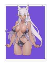 Rule 34 | 1girl, :p, absurdres, akiak1, animal ears, argyle, artist name, bare shoulders, blue background, blush, border, breasts, casual one-piece swimsuit, cleavage, closed mouth, cropped legs, dark-skinned female, dark skin, fox ears, heart, heart-shaped pupils, highres, large breasts, long hair, looking at viewer, mole, mole on breast, mole under eye, one-piece swimsuit, original, outside border, pointy ears, sidelocks, silver hair, simple background, smile, solo, swimsuit, symbol-shaped pupils, thighs, tongue, tongue out, very long hair, white border