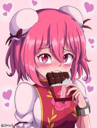Rule 34 | 1girl, blush, bmkro, breasts, bun cover, candy, candy bar, chocolate, commentary, double bun, eating, embarrassed, food, hair bun, heart, highres, ibaraki kasen, large breasts, pink background, pink eyes, pink hair, pink tabard, shirt, solo, sweatdrop, tabard, touhou, twitter username, upper body, valentine, white shirt