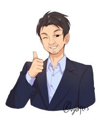 Rule 34 | 1boy, artist name, black hair, blue shirt, collared shirt, commentary, english commentary, facial hair, formal, highres, hololive, looking at viewer, male focus, one eye closed, shirt, smile, solo, stubble, suit, thumbs up, upper body, vyolfers, white background, yagoo