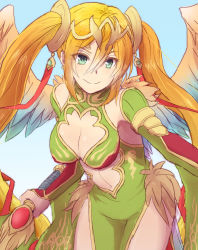 Rule 34 | 1girl, bad id, bad pixiv id, breasts, chinese clothes, cleavage, cleavage cutout, clothing cutout, earrings, green eyes, highres, jewelry, leilan (p&amp;d), leiran (p&amp;d), long hair, puzzle &amp; dragons, smile, solo, sword, twintails, weapon, wings, zarigani tarou