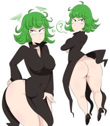 Rule 34 | 1girl, ?, annoyed, ass, back, black dress, black footwear, breasts, closed mouth, crossed arms, curly hair, dress, floating, frown, green eyes, green hair, hand on own hip, heels, high heels, highres, huge ass, index finger raised, jinu (jinusenpai), kneepits, long sleeves, matching hair/eyes, no panties, one-punch man, short hair, side slit, small breasts, solo, tatsumaki, thick thighs, thighs, white background, wide hips
