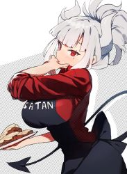 Rule 34 | 1girl, apron, bad id, bad twitter id, black apron, blunt bangs, blush, breasts, clothes writing, commentary request, demon horns, demon tail, food, food on face, head tilt, helltaker, high ponytail, highres, holding, holding plate, horns, large breasts, long sleeves, looking at viewer, lucifer (helltaker), mole, mole under eye, plate, red eyes, red shirt, shirt, short hair, sidelocks, silver hair, solo, suminagashi, tail, upper body, white background