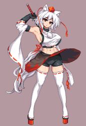 Rule 34 | 1girl, animal ears, black gloves, black shorts, black skirt, breasts, closed mouth, detached sleeves, elbow gloves, full body, geta, gloves, hat, holding, holding sword, holding weapon, inubashiri momiji, large breasts, looking at viewer, pixel art, puck100ml, red eyes, red footwear, red hat, ribbon-trimmed sleeves, ribbon trim, short hair, short shorts, shorts, sideboob, skirt, solo, sword, sword behind back, tengu-geta, thighhighs, tokin hat, touhou, weapon, white hair, white thighhighs, wide sleeves, wolf ears, wolf girl