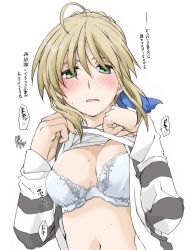 Rule 34 | ahoge, artoria pendragon (all), artoria pendragon (fate), blush, bra, braid, breasts, cleavage, clothes lift, elf (stroll in the woods), fate/stay night, fate (series), french braid, from below, green eyes, hair over eyes, lace, lace-trimmed bra, lace trim, looking at viewer, navel, saber (fate), self exposure, shirt, shirt lift, small breasts, solo, striped clothes, striped shirt, sweat, translation request, underwear, white background