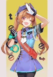 Rule 34 | 1girl, ;d, aiguillette, alternate costume, alternate headwear, badge, brown hair, buttons, cuffs, eiyuu densetsu, estelle bright, gloves, handcuffs, hat, highres, long hair, necktie, nishihara isao, one eye closed, open mouth, police, police hat, police uniform, policewoman, red eyes, salute, skirt, smile, solo, sora no kiseki, twintails, uniform