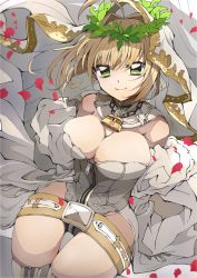 Rule 34 | 1girl, ahoge, arms behind back, blonde hair, breasts, chain, cleavage, closed mouth, dress, fate/extra, fate (series), flower, gloves, green eyes, highres, large breasts, lock, looking at viewer, nero claudius (bride) (fate), nero claudius (fate), nero claudius (fate) (all), padlock, padlocked collar, petals, red flower, red rose, rose, rose petals, sitting, smile, solo, thighhighs, toyosu, white dress, white gloves, zipper