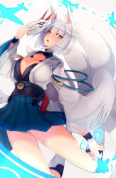 Rule 34 | 1girl, animal ears, azur lane, blue eyes, breasts, cleavage, fox ears, fox mask, fox tail, hakama, hakama short skirt, hakama skirt, highres, japanese clothes, kaga (azur lane), large breasts, long sleeves, looking at viewer, mask, opanchu (hakusen), parted lips, short hair, skirt, solo, tail, white hair, wide sleeves