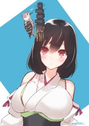 Rule 34 | 1girl, absurdres, bird, black hair, breasts, detached sleeves, floral print, hair ornament, highres, kantai collection, large breasts, momimaki, red eyes, short hair, upper body, wide sleeves, yamashiro (kancolle)