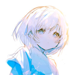 Rule 34 | 1girl, backlighting, blue eyes, blue shirt, blue theme, chromatic aberration, closed mouth, highres, irodori warabi, light blush, lineart, looking at viewer, medium hair, original, partially colored, portrait, shirt, simple background, solo, white background, white hair