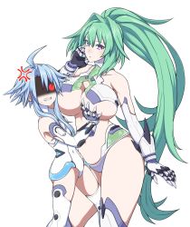 Rule 34 | 2girls, ahoge, angry, bare shoulders, blue hair, breast envy, gloves, green hair, green heart (neptunia), height difference, highres, leotard, light blue hair, long hair, looking at another, looking at viewer, multiple girls, neptune (series), ponytail, power symbol, power symbol-shaped pupils, purple eyes, red eyes, short hair with long locks, simple background, symbol-shaped pupils, thighs, up (mmmmmmmmss), very long hair, white background, white heart (neptunia)