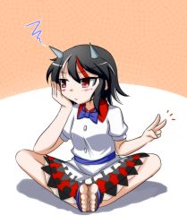 Rule 34 | 1girl, blush, bow, butterfly sitting, dress, feet together, frown, grey horns, head rest, highres, horns, kijin seija, layered dress, looking away, multicolored hair, patterned background, red eyes, sandals, shadow, short hair, sitting, solo, squiggle, ten203159, toes, touhou, v, white background