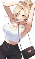 Rule 34 | 1girl, armpits, arms up, bag, black pants, blonde hair, blush, breasts, cleavage, collarbone, commentary request, dutch angle, earrings, fang, hair bun, handbag, heart, heart necklace, highres, jewelry, large breasts, long hair, looking at viewer, necklace, nijisanji, nui sociere, nui sociere (7th costume), pants, simple background, skin fang, smile, solo, tank top, v, virtual youtuber, wabimochi, white background, white tank top, yellow eyes
