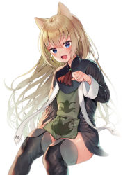 Rule 34 | 1girl, :d, animal ear fluff, animal ears, ascot, black dress, black legwear, blue eyes, blush, brown ascot, commentary request, copyright request, dress, feet out of frame, hair between eyes, hand up, light brown hair, long hair, long sleeves, midorikawa you, open mouth, simple background, sitting, smile, solo, very long hair, white background, wide sleeves