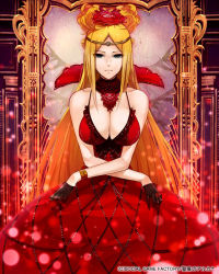 Rule 34 | 1girl, bare shoulders, blonde hair, bracelet, breasts, circlet, cleavage, dress, flower, framed, gloves, hair flower, hair ornament, half gloves, jewelry, large breasts, light particles, long hair, original, picture frame, red dress, seikon no arcana, silver (atelier-tengu), sleeveless, sleeveless dress, solo, very long hair, watermark