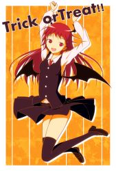 Rule 34 | 1girl, :d, arms up, bat wings, black thighhighs, clothes lift, dress shirt, female focus, full body, head wings, irigoma (jikabi baisen), jumping, koakuma, kujira-kousen, loafers, long hair, long sleeves, low wings, md5 mismatch, necktie, open mouth, orange background, outside border, red eyes, red hair, red necktie, resolution mismatch, shirt, shoes, simple background, skirt, skirt lift, skirt set, smile, solo, source larger, striped, striped background, thighhighs, touhou, trick or treat, vertical stripes, vest, white shirt, white thighhighs, wings, zettai ryouiki