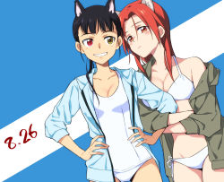 Rule 34 | 2girls, agahari, animal ears, bikini, black hair, blue background, blue jacket, breasts, closed mouth, commentary request, dated, green eyes, green jacket, hands on own hips, heterochromia, highres, jacket, long hair, looking at viewer, medium breasts, minna-dietlinde wilcke, multiple girls, one-piece swimsuit, open clothes, open jacket, ponytail, red eyes, red hair, sakamoto mio, smile, strike witches, swimsuit, two-tone background, white background, white bikini, white one-piece swimsuit, world witches series