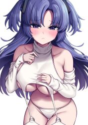 Rule 34 | 1girl, absurdres, alternate costume, bare shoulders, blue archive, blue eyes, blue hair, blush, breasts, closed mouth, collarbone, commentary request, cowboy shot, detached sleeves, embarrassed, hand on own chest, highres, large breasts, long sleeves, looking at viewer, meme attire, metaljelly, navel, panties, parted bangs, simple background, solo, sweater, thigh gap, thighhighs, triangle hair ornament, underboob, underwear, virgin destroyer sweater, white background, white panties, white sweater, white thighhighs, yuuka (blue archive)