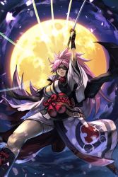 Rule 34 | 1girl, arc system works, baiken, breasts, cleavage, eyepatch, facial mark, full moon, guilty gear, guilty gear xrd, huge breasts, hungry clicker, katana, long hair, moon, night, night sky, petals, red eyes, robe, sky, solo, sword, tattoo, weapon