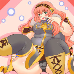 Rule 34 | 1girl, aqua eyes, blue nails, blush, breasts, fat, grape jelly (artist), headphones, hip focus, large breasts, megurine luka, nail polish, obese, pink hair, thick thighs, thighs, vocaloid, wide hips