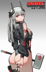 Rule 34 | 1girl, absurdres, alternate costume, arknights, ass, bare shoulders, black leotard, breasts, closed mouth, cowboy shot, from behind, grey hair, hammer, highres, holding, holding hammer, holding weapon, horns, large breasts, leotard, long hair, long sleeves, looking at viewer, looking back, mudrock (arknights), nail polish, pointy ears, red eyes, red nails, sideboob, smile, solo, unzipped, v, weapon, yat (tsmn7245), zipper pull tab
