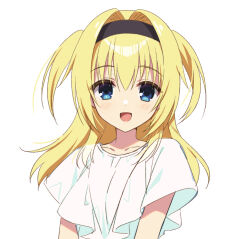 Rule 34 | 1girl, :d, black hairband, blonde hair, blue eyes, blush, chitose sana, collarbone, colored eyelashes, commentary request, hair intakes, hairband, happy, long hair, looking at viewer, muririn, open mouth, shirt, short sleeves, simple background, smile, solo, straight-on, tenshinranman, two side up, upper body, white background, white shirt