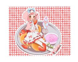Rule 34 | 1girl, animal hood, ayase naru, blue bow, bow, brown eyes, capelet, commentary request, dress, food, fruit, full body, gloves, highres, holding, holding food, hood, hood up, hooded capelet, ice skates, leaf, looking at viewer, mea (meari mr), my melody, on plate, onegai my melody, open mouth, pink capelet, pink footwear, pink hair, plate, pretty rhythm, pretty rhythm rainbow live, pretty series, rabbit hood, sanrio, short hair, sitting, skates, solo, strawberry, thighhighs, white dress, white gloves, white thighhighs