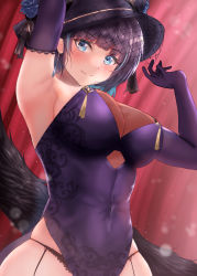 Rule 34 | 1girl, akuakuran, armpits, azur lane, black hat, blue eyes, breasts, cheshire (azur lane), cheshire (cait sith crooner) (azur lane), china dress, chinese clothes, cleavage, covered navel, dress, elbow gloves, fedora, flower, gloves, hat, hat flower, highres, large breasts, looking at viewer, official alternate costume, panties, purple dress, purple gloves, see-through, see-through cleavage, solo, string panties, taut clothes, taut dress, underwear