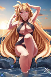 Rule 34 | 1girl, ahoge, blonde hair, bracelet, breasts, cleavage, cloud, fate testarossa, jewelry, knee up, large breasts, long hair, looking at viewer, lyrical nanoha, mahou shoujo lyrical nanoha strikers, ocean, open mouth, outdoors, partially submerged, red eyes, rock, sitting, sky, smile, solo, sougetsu izuki, sparkle, sunrise, teeth, upper teeth only, very long hair