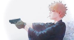 Rule 34 | 1boy, alternate costume, artist name, bakugou katsuki, blonde hair, boku no hero academia, brown gloves, closed eyes, commentary request, from side, gloves, gun, handgun, hands up, holding, holding gun, holding weapon, leaf print, long sleeves, male focus, mouth hold, pistol, profile, short hair, simple background, solo, spiked hair, upper body, weapon, wengwengchim, wide sleeves