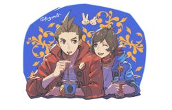 Rule 34 | 1boy, 1girl, :d, ;d, ace attorney, antenna hair, apollo justice, apollo justice (stylin&#039; street clothes), arm rest, badge, blue background, blue eyes, blue jacket, border, bracelet, brother and sister, brown eyes, brown hair, bubble tea, button badge, buttons, highres, hood, hood down, hooded jacket, jacket, jewelry, kaeru (qingwali), looking at another, matching outfits, nostrils, one eye closed, open mouth, rabbit, red jacket, red scarf, scarf, shirt, short hair, siblings, sleeves rolled up, smile, swept bangs, trucy wright, white border, white shirt