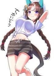 Rule 34 | alternate costume, arms up, beret, black hair, braid, breasts, commentary request, hair ribbon, hat, herohero (higashi no dou), highres, large breasts, long hair, navel, purple eyes, ribbon, shorts, simple background, smile, twin braids, umamusume, white background