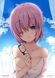 Rule 34 | 1girl, ;&lt;, bare shoulders, black-framed eyewear, black shirt, blue sky, blush, breasts, cloud, collarbone, commentary request, curtains, day, unworn eyewear, fate/grand order, fate (series), hair between eyes, hair over one eye, hand up, head tilt, holding, holding removed eyewear, indoors, large breasts, long sleeves, looking at viewer, mash kyrielight, milkpanda, off shoulder, parted lips, purple eyes, purple hair, shirt, short hair, sky, solo, tears, transparent, triangle mouth