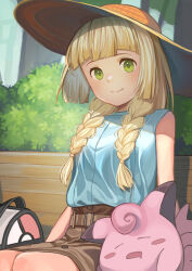 Rule 34 | 1girl, absurdres, alternate costume, arogonko, bag, bench, blonde hair, blush stickers, braid, brown skirt, bush, buttons, clefairy, closed eyes, commentary request, creatures (company), day, drooling, game freak, gen 1 pokemon, hat, highres, lillie (pokemon), long hair, mouth drool, nintendo, outdoors, poke ball print, pokemon, pokemon (creature), pokemon sm, shirt, sitting, skirt, sleeping, sleeveless, sleeveless shirt, sun hat, tree, twin braids