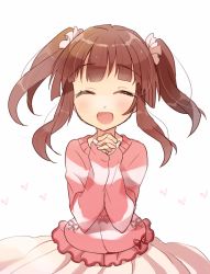 Rule 34 | 1girl, :d, ^ ^, blush, brown hair, closed eyes, facing viewer, frilled shirt, frills, idolmaster, idolmaster cinderella girls, long sleeves, miyuara, musical note, ogata chieri, open mouth, own hands clasped, own hands together, pink shirt, pink skirt, shirt, sidelocks, simple background, skirt, sleeves past wrists, smile, solo, striped clothes, striped shirt, twintails, white background