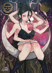Rule 34 | 1girl, aqua eyes, armpits, arms up, artist logo, artist name, bare arms, bare legs, bare shoulders, black dress, black footwear, black hair, blush, book, boots, breasts, character name, cleavage, closed mouth, collarbone, cup, demong3, dress, extra arms, full body, hair between eyes, hana hana no mi, hand rest, hands on own head, hands up, highres, holding, holding cup, knees together feet apart, long hair, moon, nico robin, one piece, petals, shirt, short dress, sitting, skull print, solo, steam, tied shirt, tying hair