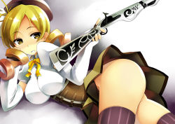 Rule 34 | 10s, 1girl, ass, bad id, bad pixiv id, beret, blonde hair, breasts, brown thighhighs, corset, detached sleeves, drill hair, female focus, fingerless gloves, gloves, gun, hair ornament, hairpin, hat, large breasts, lying, magical girl, magical musket, mahou shoujo madoka magica, mahou shoujo madoka magica (anime), no panties, on side, pleated skirt, puffy sleeves, ribbon, rifle, skindentation, skirt, solo, striped clothes, striped thighhighs, thighhighs, tomoe mami, topo (bacchustab), topo bevitore, twin drills, twintails, vertical-striped clothes, vertical-striped thighhighs, weapon, yellow eyes, zettai ryouiki