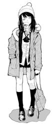 Rule 34 | 1girl, bag, collared shirt, commentary request, full body, greyscale, half-closed eyes, head tilt, holding, holding bag, io naomichi, kneehighs, long hair, looking at viewer, monochrome, original, shirt, simple background, socks, solo, standing, swept bangs, tagme, white background, wide shot