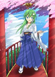 Rule 34 | 1girl, absurdres, anna sakura, bell, blue eyes, blush, breasts, bridge, cherry blossoms, cleavage, cloud, collarbone, day, frog, frog hair ornament, green eyes, green hair, hair ornament, hakama, hakama skirt, highres, japanese clothes, jingle bell, kochiya sanae, large breasts, long hair, matching hair/eyes, miko, nature, open mouth, outdoors, sandals, skirt, sky, smile, snake, snake hair ornament, solo, tabi, touhou, zouri