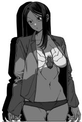 Rule 34 | 1girl, arms at sides, body writing, breasts, breasts apart, chest tattoo, cropped legs, drop shadow, genderswap, genderswap (mtf), gluteal fold, greyscale, hair over one eye, highres, hunter x hunter, hxhjjjj h 9, illumi zoldyck, jacket, korean commentary, large breasts, long hair, long sleeves, looking to the side, monochrome, navel, no bra, no pants, no shirt, open clothes, open jacket, panties, simple background, sleeves past wrists, solo, spider tattoo, tattoo, underwear