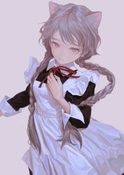 Rule 34 | 1girl, animal ears, apron, black dress, braid, cat ears, closed mouth, dress, feiqizi (fkey), fkey, grey background, hand on own chest, highres, lcl, long hair, long sleeves, looking at viewer, maid, neck ribbon, original, red ribbon, ribbon, simple background, solo, twin braids, twintails, very long hair, white apron