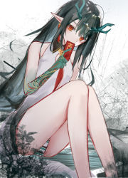 Rule 34 | 0 (znanimo), 1girl, absurdres, arknights, bare shoulders, black collar, black hair, cleavage cutout, clothing cutout, collar, colored skin, detached sleeves, dragon horns, dress, dusk (arknights), dutch angle, ear piercing, feet out of frame, green hair, green skin, hand up, highres, holding, horns, knees up, long hair, looking at viewer, multicolored hair, necktie, panties, pantyshot, piercing, pointy ears, red eyes, red necktie, sitting, sleeveless, sleeveless dress, solo, streaked hair, striped clothes, striped panties, underwear, very long hair, white background, white dress, white panties