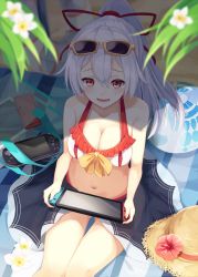 Rule 34 | 1girl, bag, ball, bare arms, bare shoulders, beachball, bikini, blurry, blurry foreground, blush, bow, breasts, cleavage, collarbone, commentary request, eyewear on head, fate/grand order, fate (series), feet out of frame, flower, from above, gluteal fold, hair between eyes, hair ribbon, handheld game console, hat, highres, holding, igayan, innertube, large breasts, looking at viewer, looking up, navel, nintendo 3ds, nintendo switch, open mouth, playstation vita, ponytail, red eyes, red ribbon, ribbon, sarong, see-through, shadow, silver hair, sitting, smile, solo, stomach, sun hat, sunglasses, sweat, swim ring, swimsuit, tablet pc, thighs, tomoe gozen (fate), umbrella, white bikini, white flower, yellow-framed eyewear, yellow bow