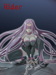 Rule 34 | blindfold, breasts, cleavage, fate/stay night, fate (series), kimosugidokuo, long hair, medusa (fate), medusa (rider) (fate), purple hair, squatting, thighhighs