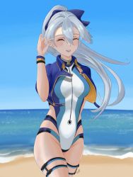 Rule 34 | 1girl, :d, beach, blue bow, blue jacket, blue one-piece swimsuit, blue sky, blush, bow, breasts, closed eyes, competition swimsuit, eipanguino, fate/grand order, fate (series), hair between eyes, hair bow, highleg, highleg swimsuit, highres, jacket, laughing, long hair, medium breasts, multicolored clothes, multicolored swimsuit, ocean, one-piece swimsuit, open clothes, open jacket, open mouth, outdoors, ponytail, short sleeves, signature, silver hair, sky, smile, solo, striped clothes, striped one-piece swimsuit, striped wristband, swimsuit, thigh strap, tomoe gozen (fate), tomoe gozen (swimsuit saber) (fate), white one-piece swimsuit