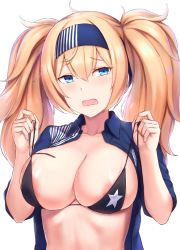 Rule 34 | 1girl, alternate costume, areola slip, bikini, black bikini, blonde hair, blue eyes, blue hairband, blue shirt, blush, breasts, cai geng, clothes lift, collarbone, collared shirt, commentary request, gambier bay (kancolle), hair between eyes, hairband, kantai collection, large breasts, lawson, long hair, open clothes, open mouth, open shirt, shirt, shirt lift, sidelocks, simple background, star (symbol), star print, swimsuit, tearing up, twintails, untied bikini, upper body, white background