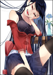 Rule 34 | 1girl, bare shoulders, between legs, black border, black one-piece swimsuit, black thighhighs, blue flower, blue hair, blue skirt, blush, border, breasts, chair, channee (cluseller), cleavage, cluseller, collarbone, fang, female focus, flower, half-closed eyes, hand between legs, hand up, happy, head rest, head tilt, jacket, leg up, long hair, looking at viewer, medium breasts, miniskirt, nose blush, off shoulder, one-piece swimsuit, open mouth, original, outside border, pleated skirt, red eyes, red jacket, shiny skin, simple background, sitting, skindentation, skirt, smile, solo, swimsuit, swimsuit under clothes, table, teeth, thighhighs, tongue, vase, very long hair, white background, zettai ryouiki